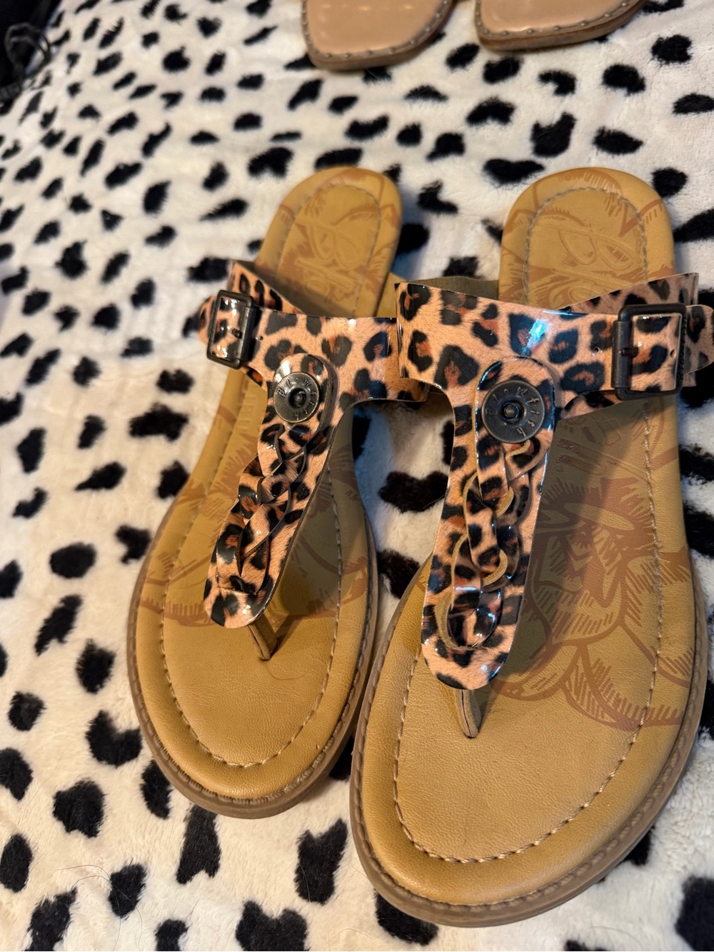 Blowfish Leopard-Print T-Strap Sandals in Tan and Black